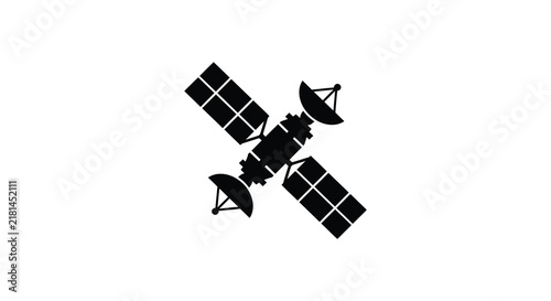 Satellite with solar panels and antennas is a black silhouette