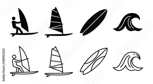 Windsurfing board wave and sailboat silhouettes on a white background