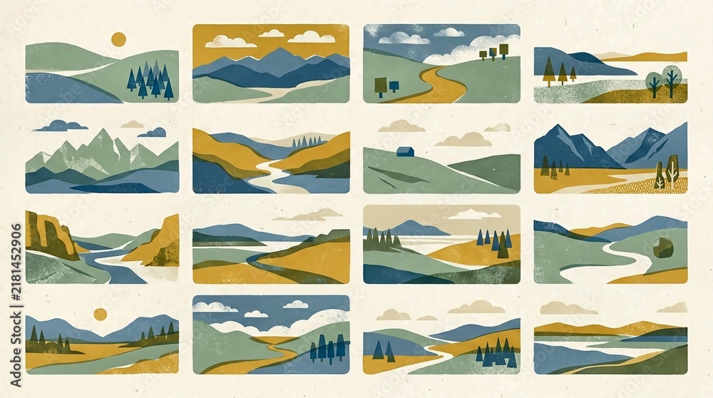 Obraz premium Set of abstract landscape illustrations with mountains, rivers, and forests in flat style.
