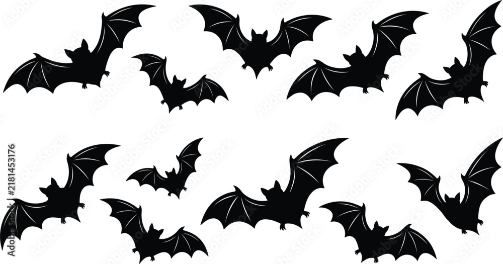 Fototapeta premium Set of black flying bats silhouettes, spooky Halloween vector illustration graphic elements