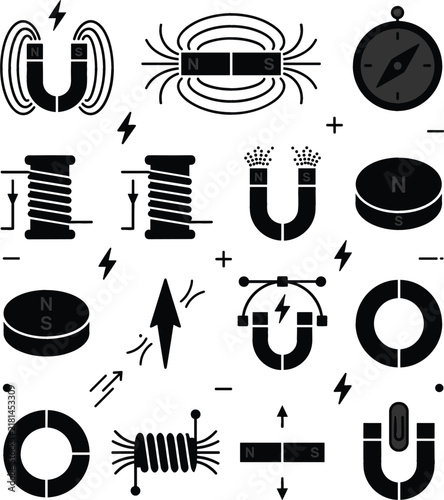 Foto Magnetism and electromagnet icons set horseshoe magnet magnetic field compass co
