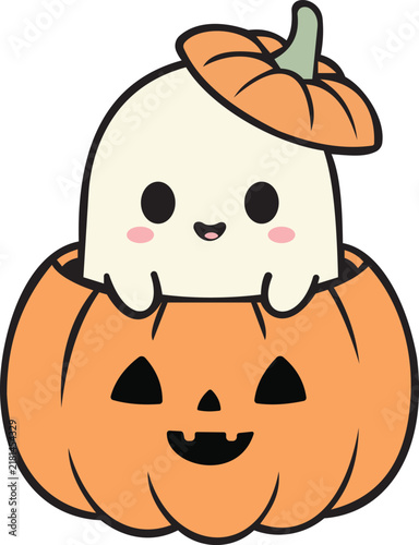 Cute Halloween cartoon illustration featuring a smiling orange pumpkin with a kawaii character sitting on top, wearing a pumpkin hat. Adorable seasonal design with bold black outlines, perfect for Hal