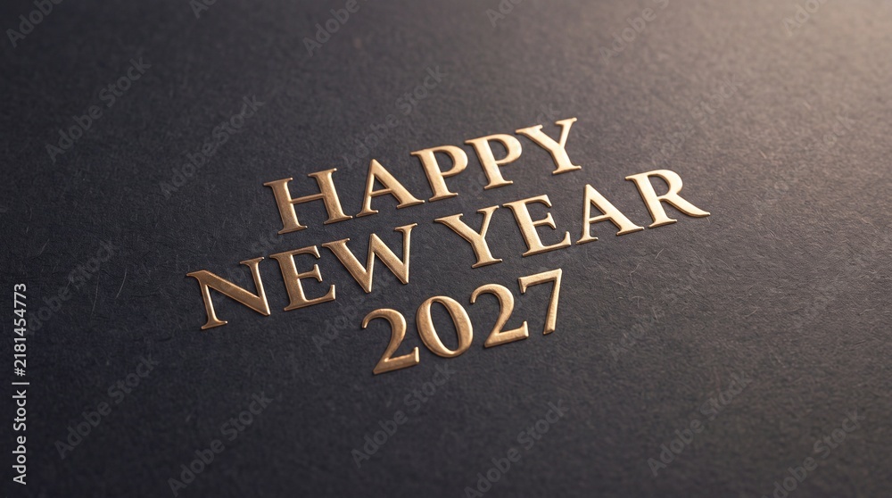 Fototapeta premium Happy New Year 2027 gold foil letterpress on dark paper. Elegant embossed typography. Holiday greeting card design