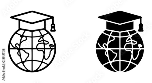 Global Education Icons, World Graduation Cap Symbols, International Learning Vector Graphics
