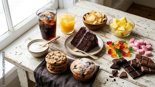 Assortment of Sugary Snacks and Beverages on Rustic Table