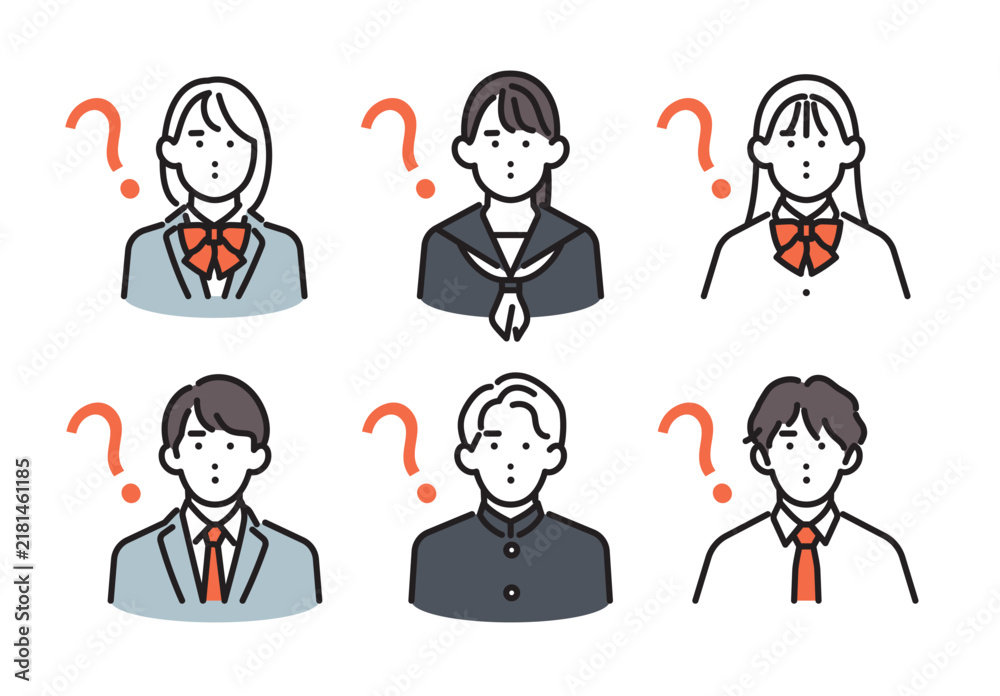 Fototapeta premium シンプル イラスト 疑問を感じて「ん?」となる男女の学生6人セット ベクターイラスト