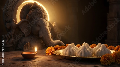 Divine Bronze Ganesha Statue with Modak Sweets, Marigold Flowers, and Lit Diya on a Wooden Table for Hindu Pooja and Festivals