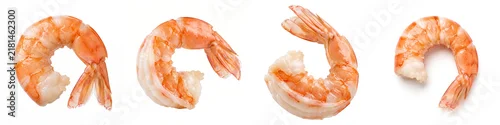 Obraz  z motywem Cooked shrimp row isolated on white studio cutout, showing juicy peeled pink prawns with tails in a line for gourmet seafood recipes, restaurant menus, and culinary packaging