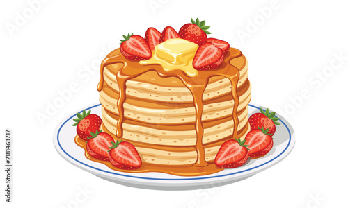 Stack of Fresh Pancakes with Strawberries and Maple Syrup Vector, Breakfast Plate Graphic, Pancake Stack on Plate with Butter Illustration, Morning Brunch Food Icon