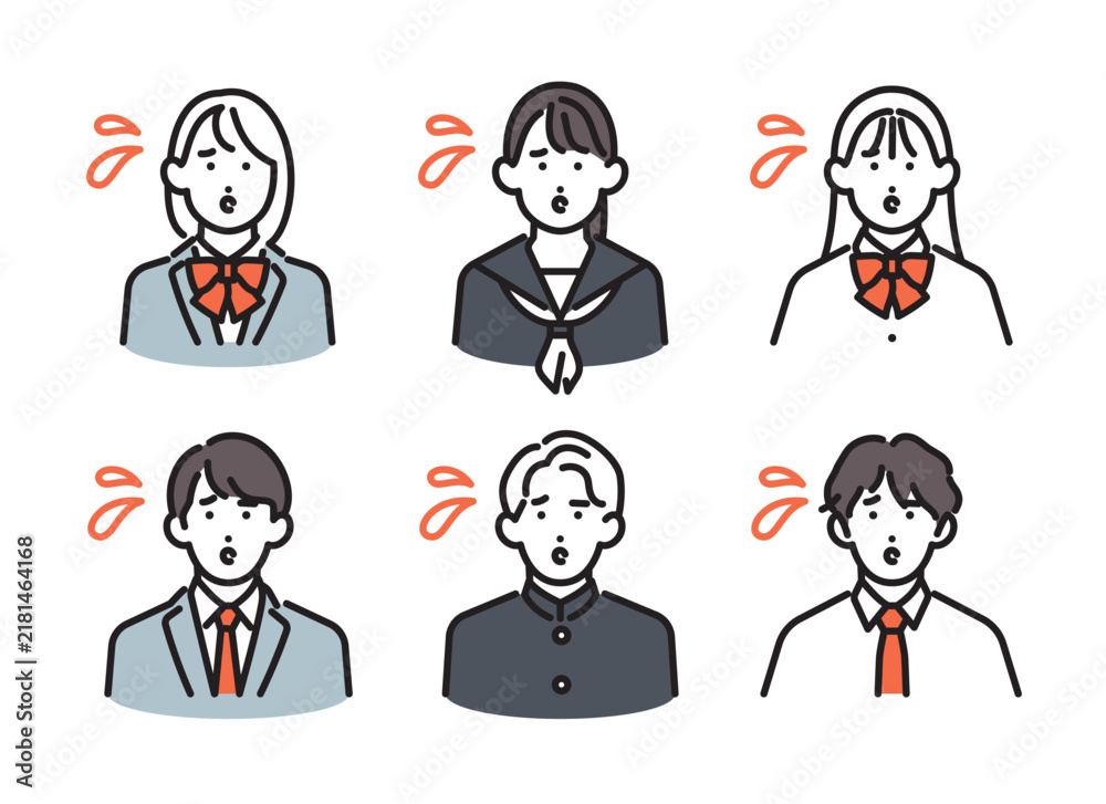 Fototapeta premium シンプル イラスト 困った表情で不安を感じる男女の学生6人セット ベクターイラスト