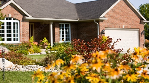 suburban. A beautiful suburban house with a landscaped garden, warm afternoon sunlight and blurred flowers. real-estate listings.