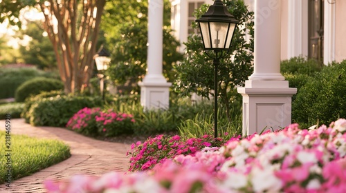 suburban. A beautiful suburban house with a landscaped garden, warm afternoon sunlight and blurred flowers. real-estate listings.