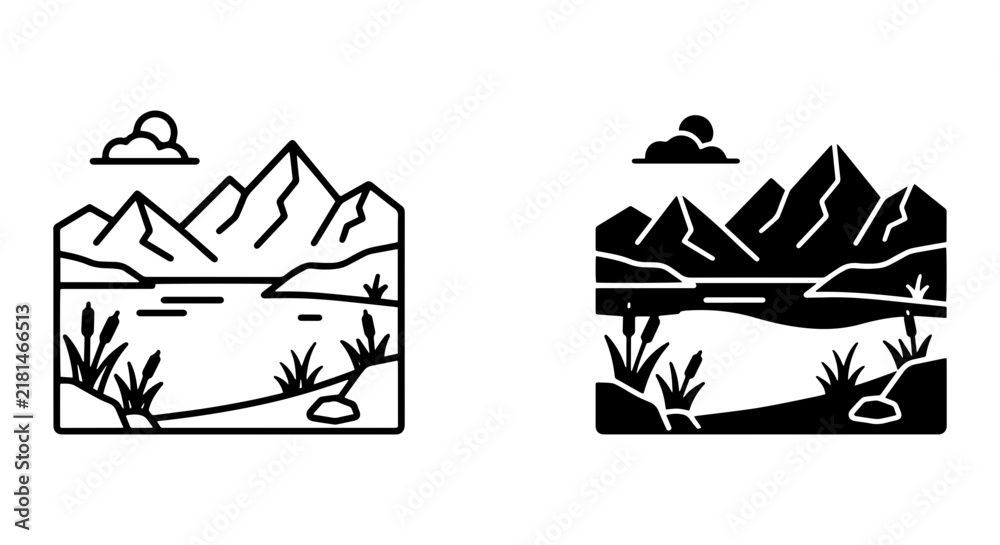 Fototapeta premium Mountain Lake Landscape Icons, Nature Scene Vector Graphics, Outdoor Adventure Elements