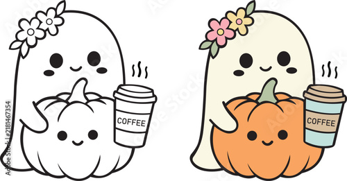 Adorable Halloween cartoon illustration featuring cute pumpkin characters enjoying coffee. The kawaii characters have floral decorations, smiling faces, pumpkins, and coffee cups with bold black outli
