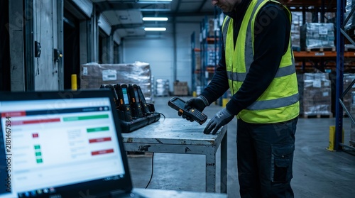 Obraz na płótnie Warehouse supervisor isolating a compromised handheld scanner at a loading station