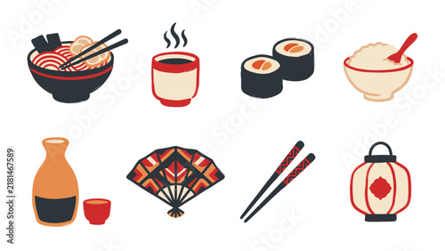 Japanese food and hospitality symbols collection with colorful hand drawn vector illustrations for commercial design