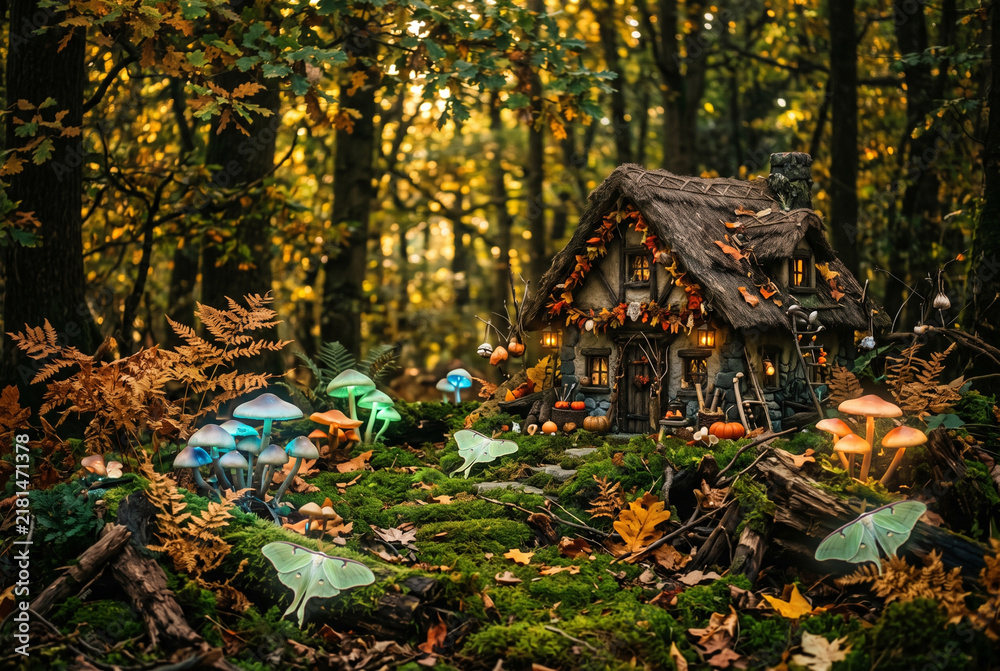 Obraz premium Whimsical fairy cottage in enchanted autumn forest with glowing mushrooms