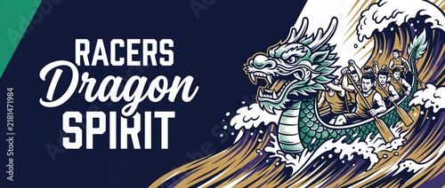 Dragon boat race team rowing through rough ocean waves graphic vector illustration banner, traditional asian festival competition mascot logo design, teamwork strength power spirit background.