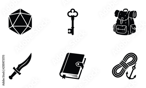 Obraz na plátne RPG Adventure Icons: D20 Dice, Key, Backpack, Sword, Journal, Rope Set