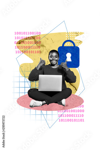 Fotografie Vertical photo collage of happy american girl it master hold laptop lock keyhole