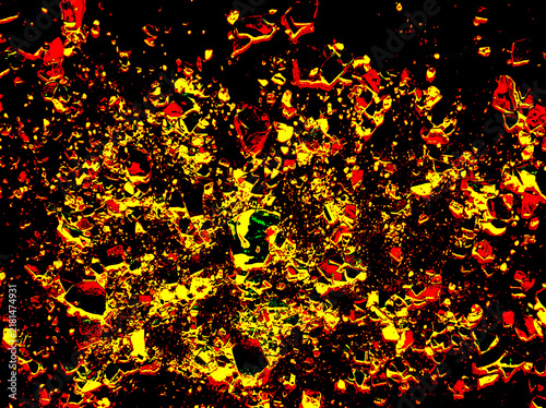 Abstract grunge texture with red, yellow and black colors, rough distressed surface and expressive scattered details. Seamless-style artistic background for graphic design, posters, covers.