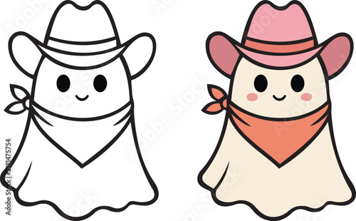 Cute Halloween ghost cowgirl cartoon characters wearing cowboy hats and bandanas, featuring adorable kawaii faces and playful western style. Clean bold outline illustration, perfect for Halloween stic