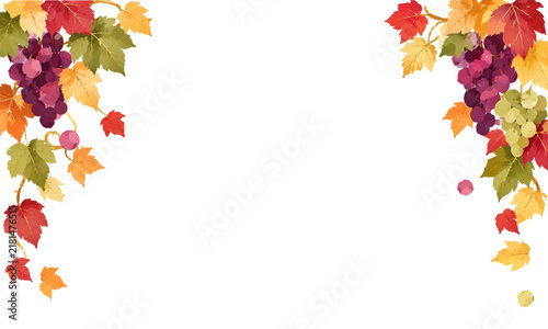 秋の葡萄と紅葉を描いた水彩風ワインフレーム背景イラスト
