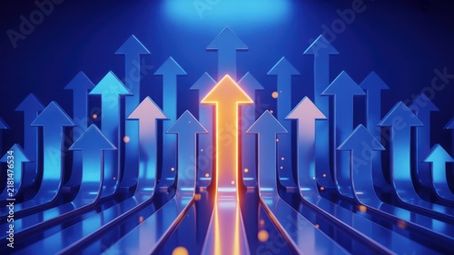 Glowing Orange Arrow Leading Many Blue Arrows Upwards on Dark Background