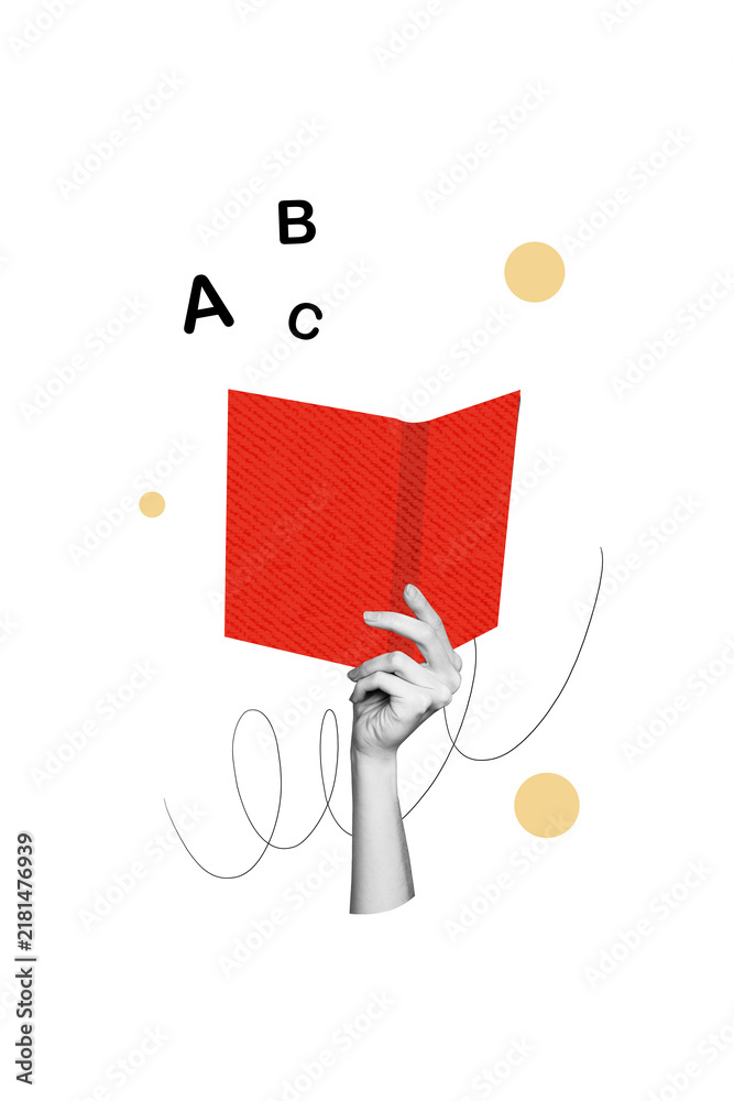 Obraz premium Vertical photo collage of hand hold open book vocabulary letters knowledge study bookworm reader hobby isolated on painted background