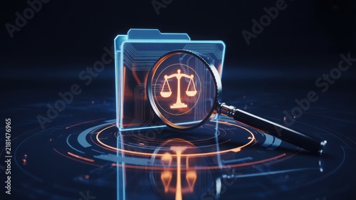 Digital legal audit and document investigation with glowing scales of justice