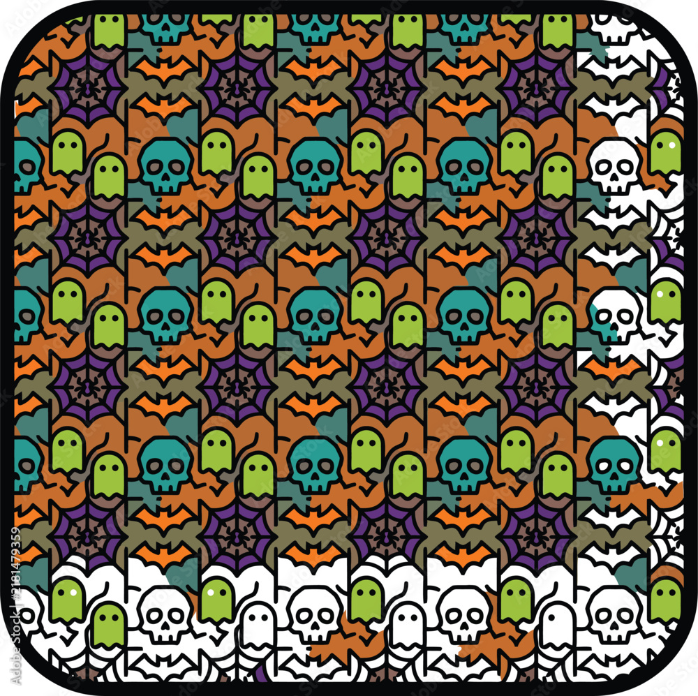 Fototapeta premium Halloween seamless pattern featuring colorful skulls bats ghosts and spider webs on dark background for festive seasonal party wrapping paper or textile designs.