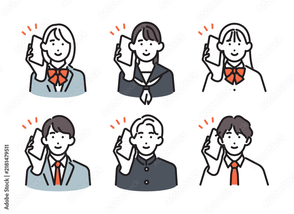 Obraz premium シンプル イラスト スマホで通話をする男女の学生6人セット ベクターイラスト