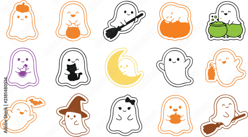 Fototapeta premium A collection of cute ghost stickers featuring various halloween themes and festive activities on a white background