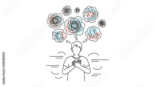 Obraz na płótnie Anxious Mind: A stylized illustration depicts a person overwhelmed by tangled thoughts and emotions, represented by chaotic scribbles within thought bubbles above their head