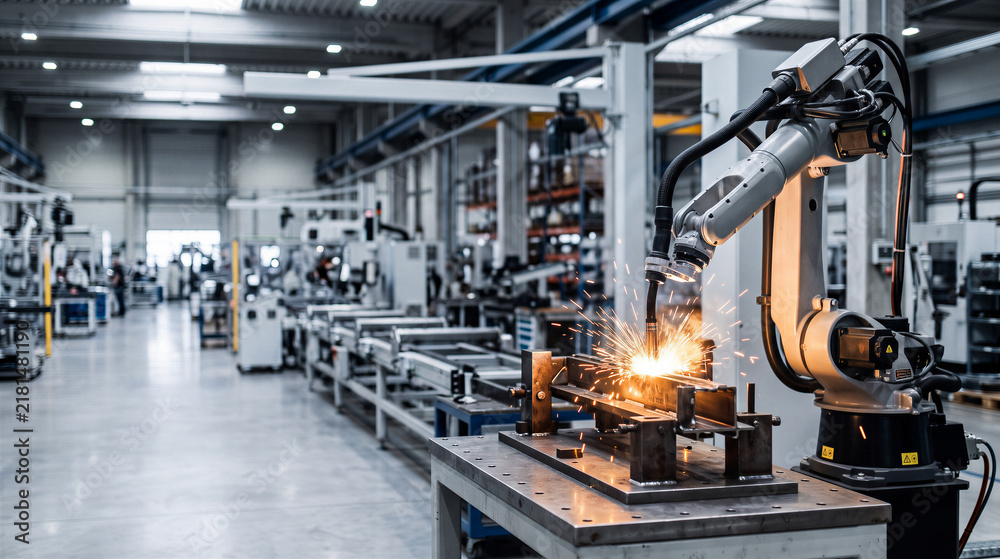 Fototapeta premium Robotic arm working on a factory assembly line in smoky atmosphere