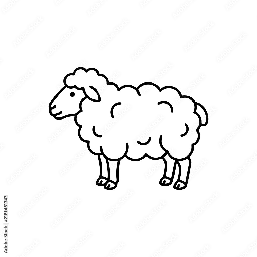 Obraz premium Simple line art illustration of a cute fluffy sheep standing.