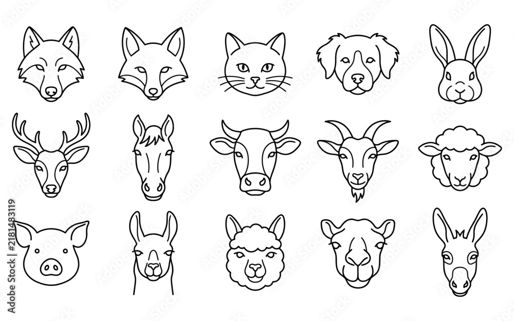 Fototapeta premium Set of hand drawn animal head icons featuring various wild and domestic species in a minimalist sketch style