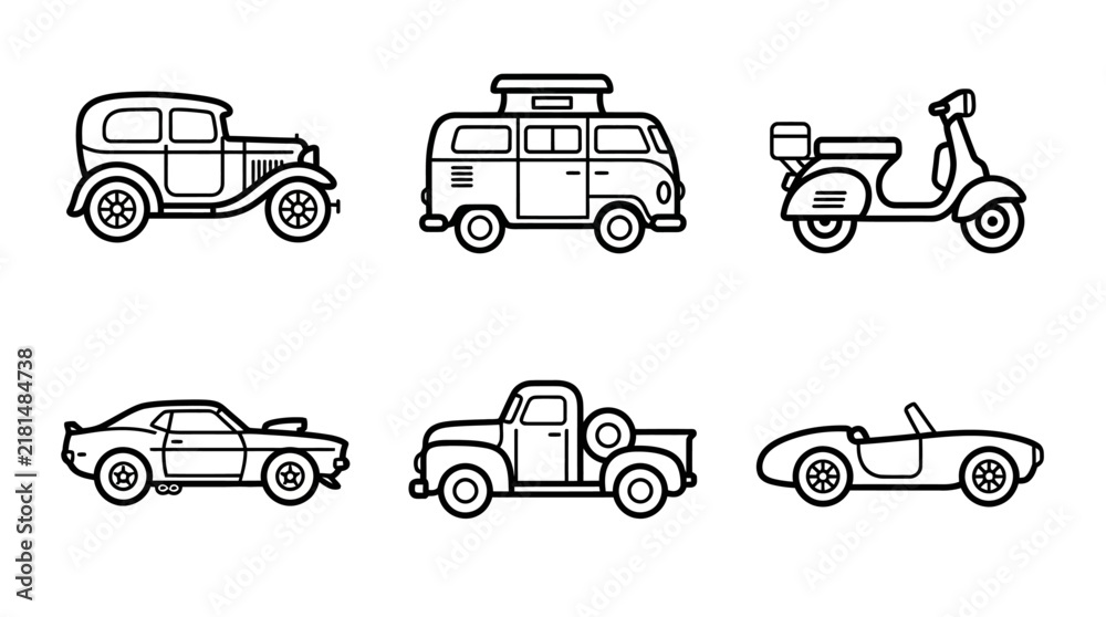 Fototapeta premium Vintage transport icon set features classic cars, camper van, scooter, and pickup truck in minimalist line art style.