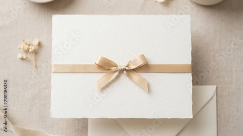 Elegant white gift box tied with a gold ribbon on a soft background