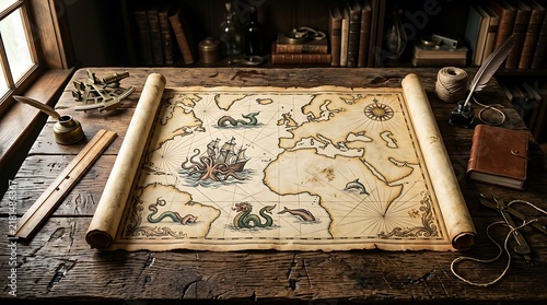 Ancient world map with sea monsters on a rustic wooden desk