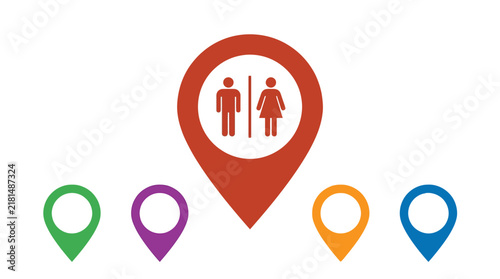 Restroom location vector illustration featuring vibrant map pins with bold icons for public washroom navigation signage