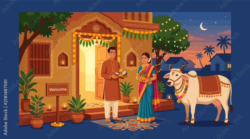 Fototapeta premium Traditional Indian Festival Celebration Evening Vector Illustration with Couple in Ethnic Wear, Decorated Cow, Diya Lamps, Rangoli, and Floral Garlands at a Village House Entrance.