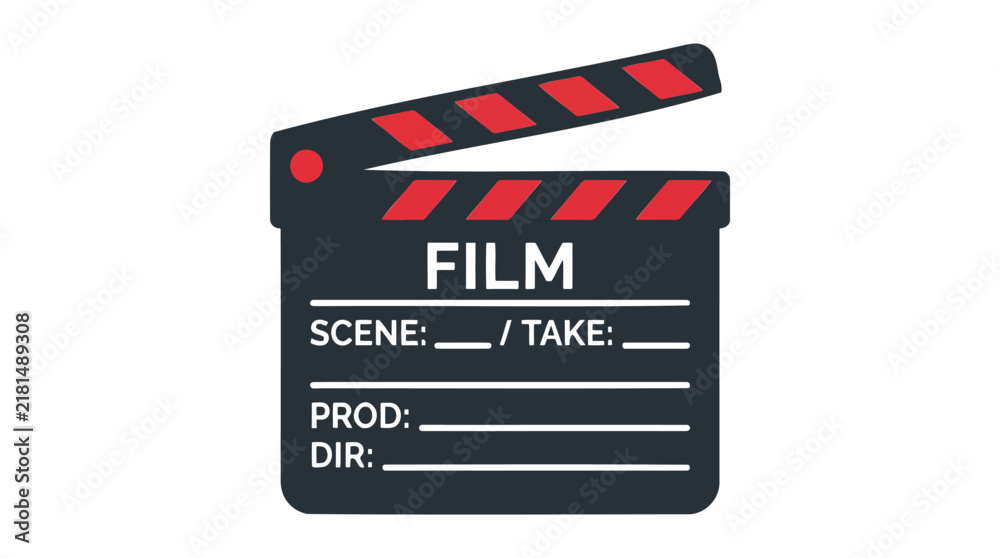 Naklejka premium Classic clapperboard with a black body and red diagonal stripes on the arm isolated on a white background, for cinema
