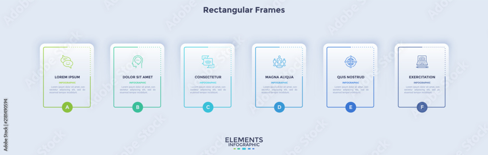 Obraz premium Six rectangular frame infographic template with line icon and placeholder text. Modern vector business presentation diagram for workflow step timeline and data analysis