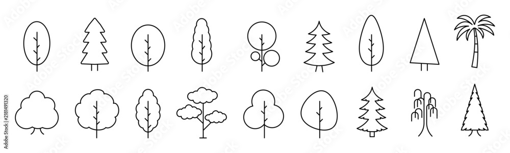 Obraz premium Tree icon collection. Wood with leaf in thin line style. Nature graphic element. Eco symbols isolated on white background. Vector illustration. 