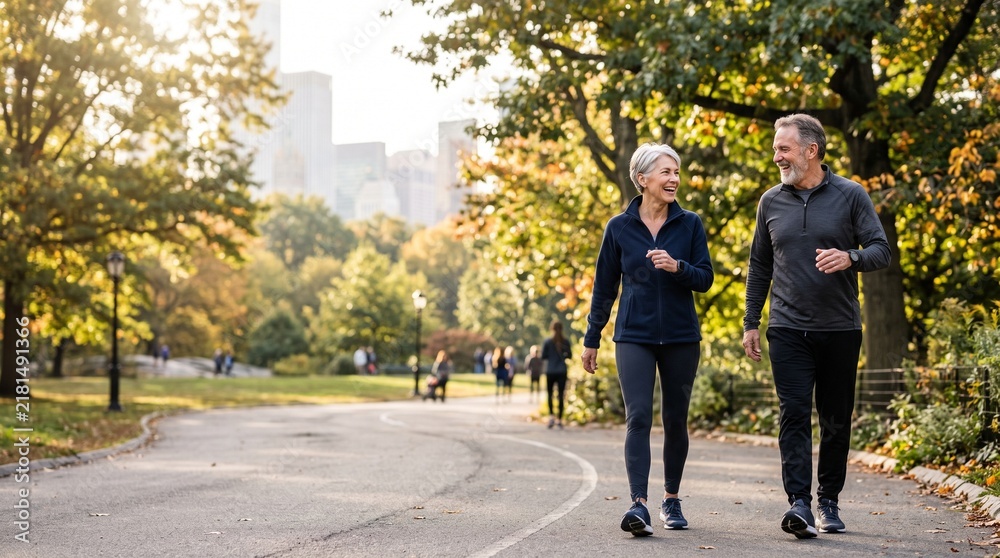 Obraz premium Active senior couple taking a brisk morning walk together in an urban park, healthy aging, fitness, companionship and longevity lifestyle concept