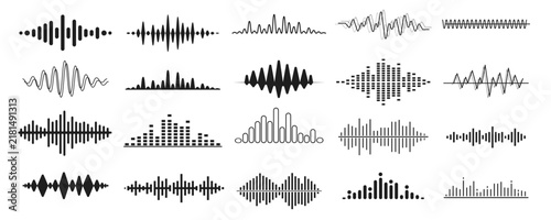 Sound wave icons set. Audio waveform elements. Collection with equalizer and voice signal.
