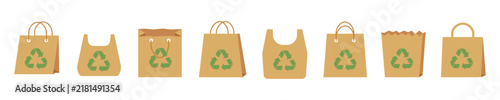 Eco shopping bag set. Packages with recycling symbol. Reusable paper and sustainable packaging. Vector illustration.