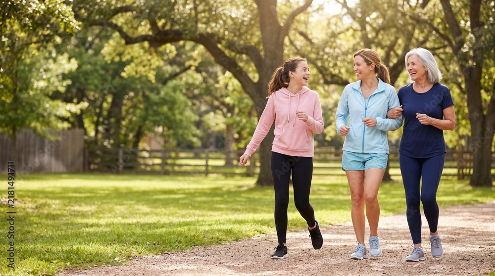 Fototapeta premium Three generations of a family exercising together in a sunny park, multigenerational wellness, active aging, family fitness and healthy lifestyle