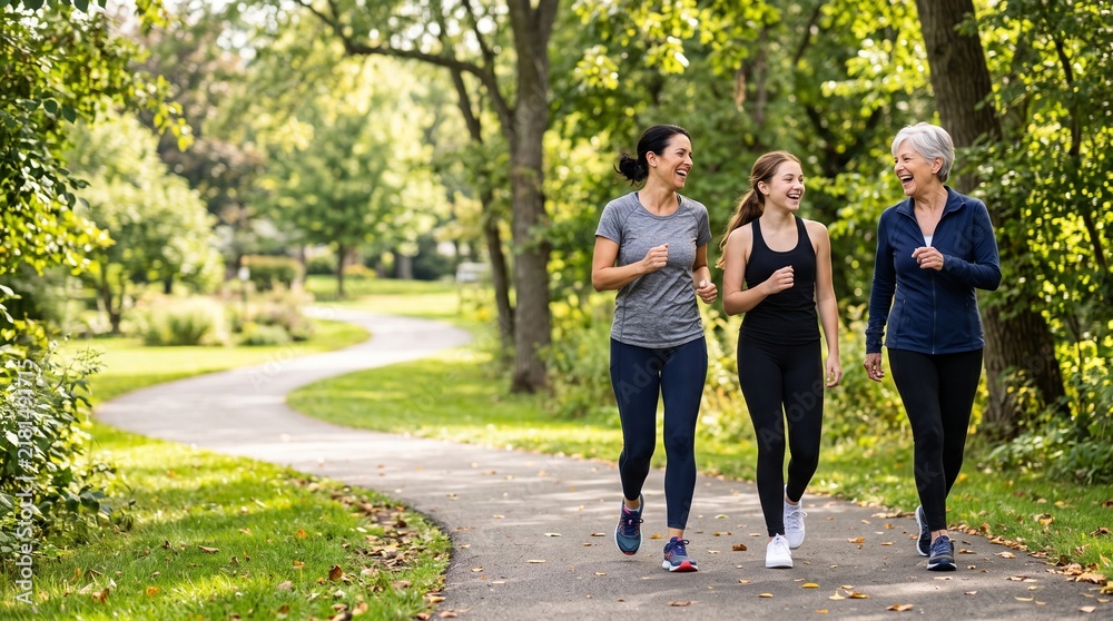 Fototapeta premium Three generations of a family exercising together in a sunny park, multigenerational wellness, active aging, family fitness and healthy lifestyle